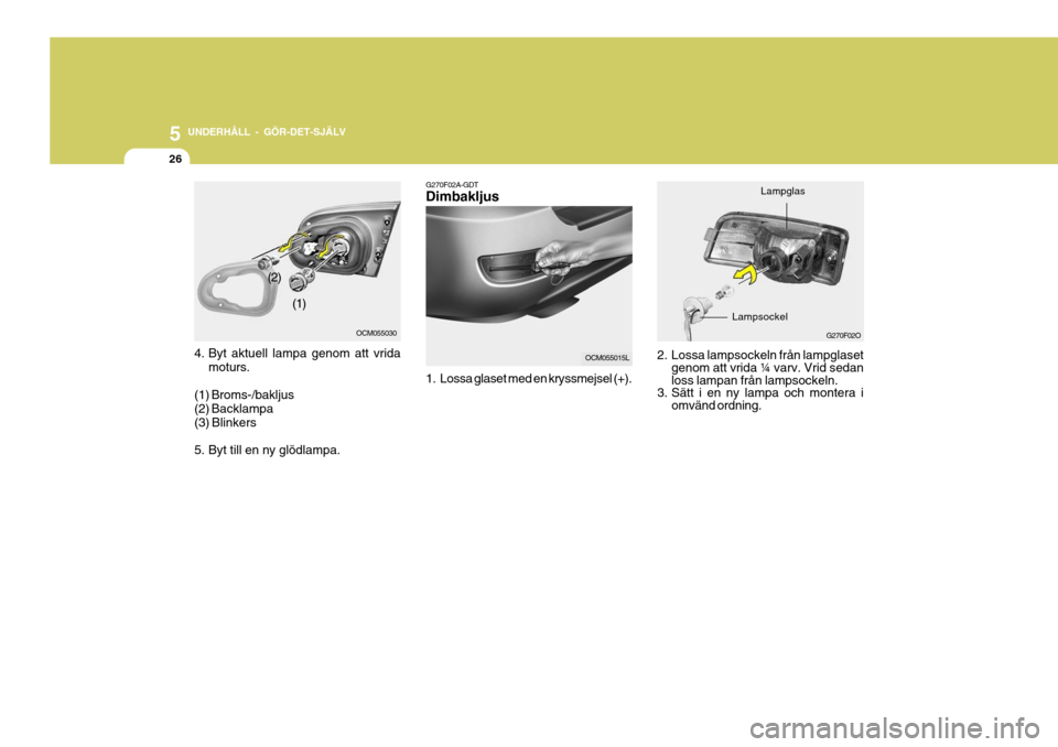 Hyundai Santa Fe 2006  Ägarmanual (in Swedish) 5 UNDERHÅLL - GÖR-DET-SJÄLV
26
4. Byt aktuell lampa genom att vridamoturs.
(1) Broms-/bakljus (2) Backlampa(3) Blinkers 
5. Byt till en ny glödlampa.
OCM055030
2. Lossa lampsockeln från lampglase