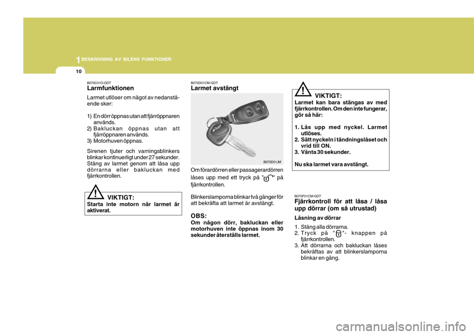 Hyundai Santa Fe 2006 Ägarmanual (in Swedish) 1BESKRIVNING AV BILENS FUNKTIONER
10
B070D01CM-GDT Larmet avstängt
Om förardörren eller passagerardörren låses upp med ett tryck på "
" på
fjärrkontrollen. Blinkerslamporna blinkar två gånge Hyundai Santa Fe 2006 Ägarmanual (in Swedish) 1BESKRIVNING AV BILENS FUNKTIONER
10
B070D01CM-GDT Larmet avstängt
Om förardörren eller passagerardörren låses upp med ett tryck på "
" på
fjärrkontrollen. Blinkerslamporna blinkar två gånge