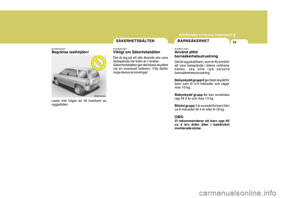 Hyundai Santa Fe 2006 Ägarmanual (in Swedish) 1
BESKRIVNING AV BILENS FUNKTIONER
23
B150A02A-GDT Viktigt om Säkerhetsbälten Det är lag på att alla åkande ska vara fastspända när bilen är i rörelse.Säkerhetsbälten ger det bästa skyddet Hyundai Santa Fe 2006 Ägarmanual (in Swedish) 1
BESKRIVNING AV BILENS FUNKTIONER
23
B150A02A-GDT Viktigt om Säkerhetsbälten Det är lag på att alla åkande ska vara fastspända när bilen är i rörelse.Säkerhetsbälten ger det bästa skyddet