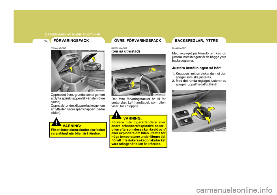 Hyundai Santa Fe 2006 Ägarmanual (in Swedish) 1BESKRIVNING AV BILENS FUNKTIONER
74
OCM052053
BACKSPEGLAR, YTTRE
B510B01Y-GDT Med reglaget på förardörren kan du justera inställningen för de bägge yttrebackspeglarna. Justera inställningen sà Hyundai Santa Fe 2006 Ägarmanual (in Swedish) 1BESKRIVNING AV BILENS FUNKTIONER
74
OCM052053
BACKSPEGLAR, YTTRE
B510B01Y-GDT Med reglaget pÃ¥ förardörren kan du justera inställningen för de bägge yttrebackspeglarna. Justera inställningen sÃ