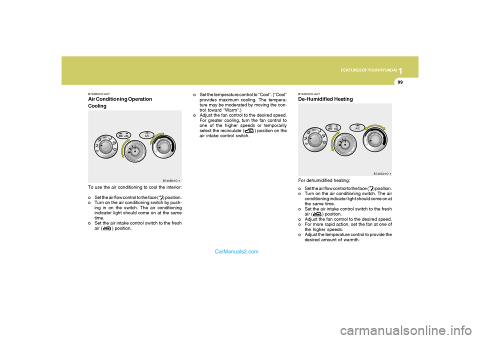 Hyundai Santa Fe 2005  Owners Manual 1
FEATURES OF YOUR HYUNDAI
99
o Set the temperature control to "Cool". ("Cool"
provides maximum cooling. The tempera-
ture may be moderated by moving the con-
trol toward "Warm".)
o Adjust the fan con