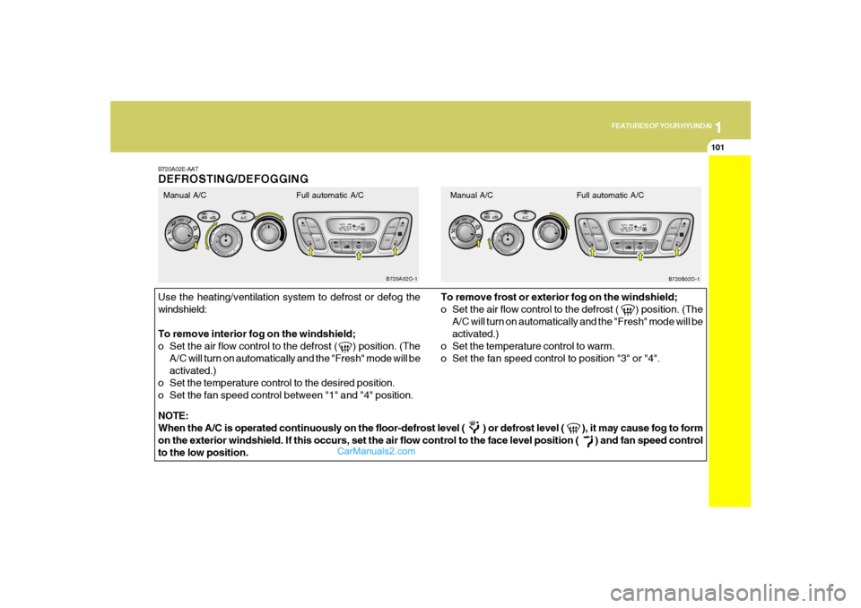 Hyundai Santa Fe 2005 Owners Manual 1
FEATURES OF YOUR HYUNDAI
101
B720A02E-AATDEFROSTING/DEFOGGINGUse the heating/ventilation system to defrost or defog the
windshield:
To remove interior fog on the windshield;
o Set the air flow contr Hyundai Santa Fe 2005 Owners Manual 1
FEATURES OF YOUR HYUNDAI
101
B720A02E-AATDEFROSTING/DEFOGGINGUse the heating/ventilation system to defrost or defog the
windshield:
To remove interior fog on the windshield;
o Set the air flow contr