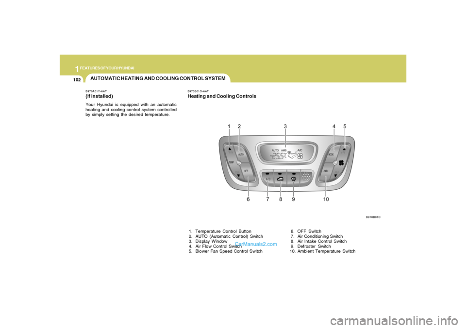 Hyundai Santa Fe 2005 Owners Manual 1FEATURES OF YOUR HYUNDAI
102
AUTOMATIC HEATING AND COOLING CONTROL SYSTEMB970A01Y-AAT(If installed)Your Hyundai is equipped with an automatic
heating and cooling control system controlled
by simply s Hyundai Santa Fe 2005 Owners Manual 1FEATURES OF YOUR HYUNDAI
102
AUTOMATIC HEATING AND COOLING CONTROL SYSTEMB970A01Y-AAT(If installed)Your Hyundai is equipped with an automatic
heating and cooling control system controlled
by simply s