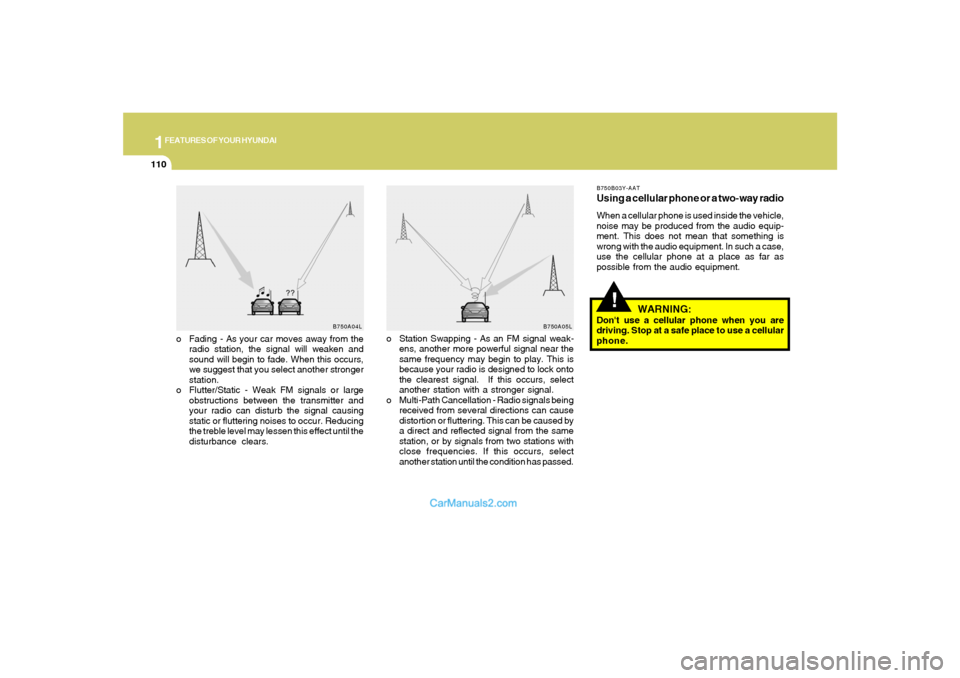 Hyundai Santa Fe 2005 Owners Manual 1FEATURES OF YOUR HYUNDAI
110
!
o Fading - As your car moves away from the
radio station, the signal will weaken and
sound will begin to fade. When this occurs,
we suggest that you select another stro Hyundai Santa Fe 2005 Owners Manual 1FEATURES OF YOUR HYUNDAI
110
!
o Fading - As your car moves away from the
radio station, the signal will weaken and
sound will begin to fade. When this occurs,
we suggest that you select another stro