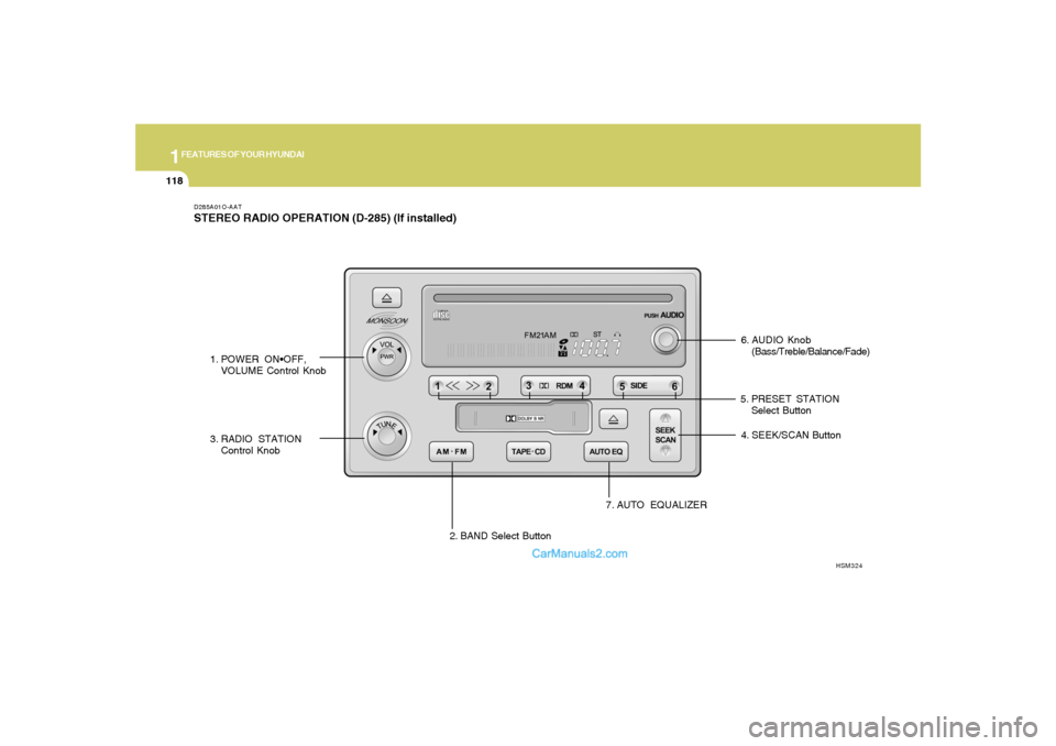 Hyundai Santa Fe 2005 Owners Manual 1FEATURES OF YOUR HYUNDAI
118
D285A01O-AATSTEREO RADIO OPERATION (D-285) (If installed)
6. AUDIO Knob
(Bass/Treble/Balance/Fade)
1. POWER ON
VOLUME Control Knob
2. BAND Select Button 3. RADIO STATION
Hyundai Santa Fe 2005 Owners Manual 1FEATURES OF YOUR HYUNDAI
118
D285A01O-AATSTEREO RADIO OPERATION (D-285) (If installed)
6. AUDIO Knob
(Bass/Treble/Balance/Fade)
1. POWER ON
VOLUME Control Knob
2. BAND Select Button 3. RADIO STATION
