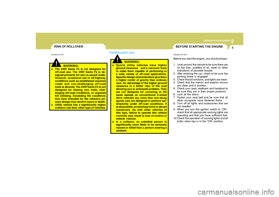 Hyundai Santa Fe 2005  Owners Manual 2
DRIVING YOUR HYUNDAI
3
RISK OF ROLLOVER
BEFORE STARTING THE ENGINE
!
!
WARNING:
o The 2WD Santa Fe is not designed for
off-road use. The 4WD Santa Fe is de-
signed primarily for use on paved roads.
