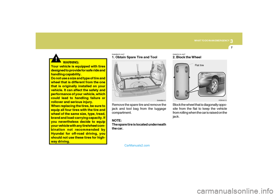 Hyundai Santa Fe 2005 Owners Manual 3
WHAT TO DO IN AN EMERGENCY
7
D060C01A-AAT2. Block the Wheel
D060B02O-AAT1. Obtain Spare Tire and Tool
Remove the spare tire and remove the
jack and tool bag from the luggage
compartment.
NOTE:
The s Hyundai Santa Fe 2005 Owners Manual 3
WHAT TO DO IN AN EMERGENCY
7
D060C01A-AAT2. Block the Wheel
D060B02O-AAT1. Obtain Spare Tire and Tool
Remove the spare tire and remove the
jack and tool bag from the luggage
compartment.
NOTE:
The s
