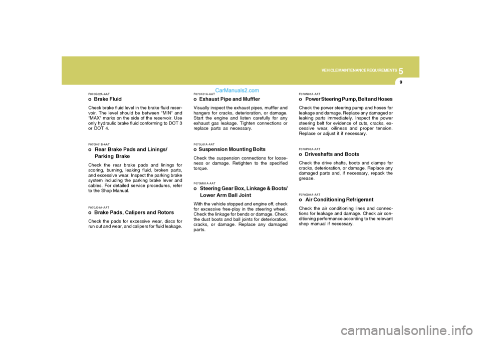 Hyundai Santa Fe 2005 Owners Manual 5
VEHICLE MAINTENANCE REQUIREMENTS
9
F070L01A-AATo Suspension Mounting BoltsCheck the suspension connections for loose-
ness or damage. Retighten to the specified
torque.
F070G02A-AATo Brake FluidCh Hyundai Santa Fe 2005 Owners Manual 5
VEHICLE MAINTENANCE REQUIREMENTS
9
F070L01A-AATo Suspension Mounting BoltsCheck the suspension connections for loose-
ness or damage. Retighten to the specified
torque.
F070G02A-AATo Brake FluidCh