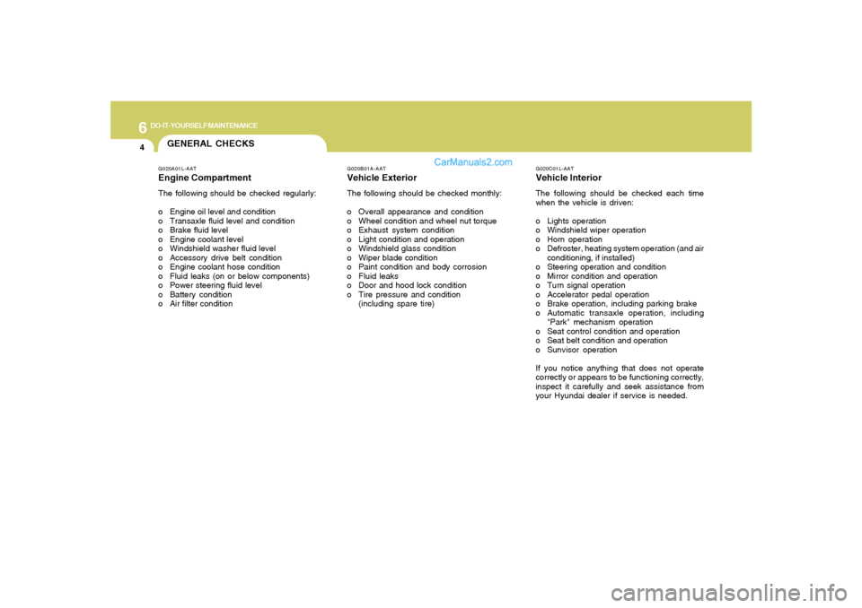 Hyundai Santa Fe 2005 Owners Manual 6
DO-IT-YOURSELF MAINTENANCE
4
GENERAL CHECKS
G020C01L-AATVehicle InteriorThe following should be checked each time
when the vehicle is driven:
o Lights operation
o Windshield wiper operation
o Horn o Hyundai Santa Fe 2005 Owners Manual 6
DO-IT-YOURSELF MAINTENANCE
4
GENERAL CHECKS
G020C01L-AATVehicle InteriorThe following should be checked each time
when the vehicle is driven:
o Lights operation
o Windshield wiper operation
o Horn o