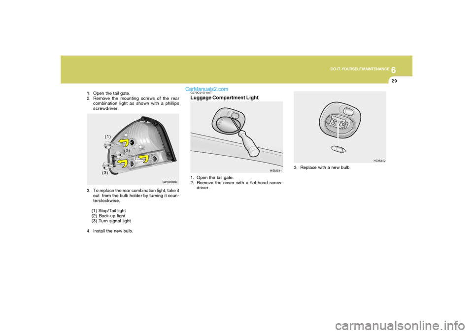Hyundai Santa Fe 2005 Owners Manual 6
DO-IT-YOURSELF MAINTENANCE
29
HSM342
3. Replace with a new bulb.
G270C01O-AATLuggage Compartment Light1. Open the tail gate.
2. Remove the cover with a flat-head screw-
driver.
HSM341
1. Open the ta Hyundai Santa Fe 2005 Owners Manual 6
DO-IT-YOURSELF MAINTENANCE
29
HSM342
3. Replace with a new bulb.
G270C01O-AATLuggage Compartment Light1. Open the tail gate.
2. Remove the cover with a flat-head screw-
driver.
HSM341
1. Open the ta