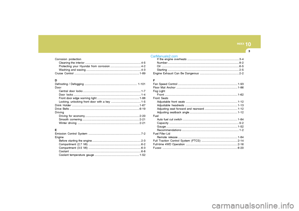 Hyundai Santa Fe 2005 Owners Manual 10
INDEX
3
Corrosion protection
Cleaning the interior....................................................................... 4-5
Protecting your Hyundai from corrosion................................. Hyundai Santa Fe 2005 Owners Manual 10
INDEX
3
Corrosion protection
Cleaning the interior....................................................................... 4-5
Protecting your Hyundai from corrosion.................................