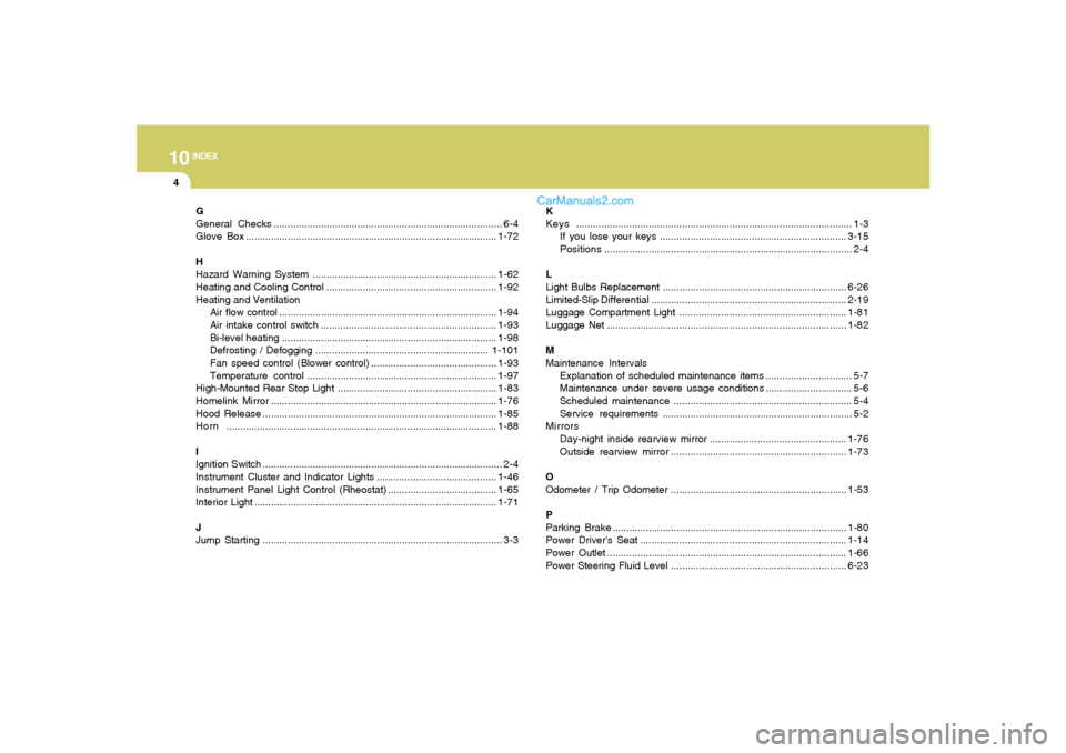 Hyundai Santa Fe 2005 Owners Manual 10
INDEX
4
G
General Checks.................................................................................. 6-4
Glove Box............................................................................. Hyundai Santa Fe 2005 Owners Manual 10
INDEX
4
G
General Checks.................................................................................. 6-4
Glove Box.............................................................................
