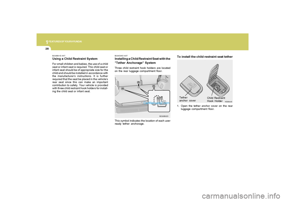 Hyundai Santa Fe 2005 Owners Guide 1FEATURES OF YOUR HYUNDAI28
B230C05O-AATInstalling a Child Restraint Seat with the
"Tether Anchorage" SystemThree child restraint hook holders are located
on the rear luggage compartment floor.
HSM445 Hyundai Santa Fe 2005 Owners Guide 1FEATURES OF YOUR HYUNDAI28
B230C05O-AATInstalling a Child Restraint Seat with the
"Tether Anchorage" SystemThree child restraint hook holders are located
on the rear luggage compartment floor.
HSM445