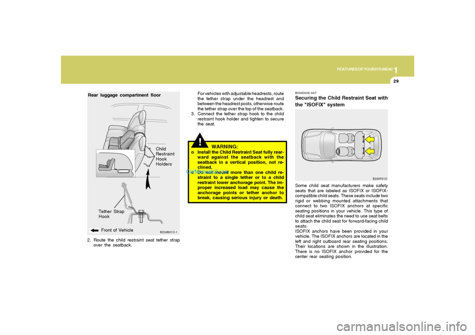 Hyundai Santa Fe 2005 Owners Guide 1
FEATURES OF YOUR HYUNDAI
29
!
B230D03E-AATSecuring the Child Restraint Seat with
the "ISOFIX" systemSome child seat manufacturers make safety
seats that are labeled as ISOFIX or ISOFIX-
compatible c Hyundai Santa Fe 2005 Owners Guide 1
FEATURES OF YOUR HYUNDAI
29
!
B230D03E-AATSecuring the Child Restraint Seat with
the "ISOFIX" systemSome child seat manufacturers make safety
seats that are labeled as ISOFIX or ISOFIX-
compatible c