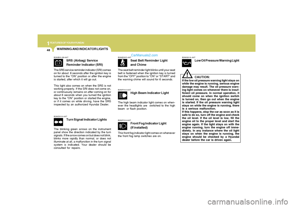 Hyundai Santa Fe 2005  Owners Manual 1FEATURES OF YOUR HYUNDAI48
WARNING AND INDICATOR LIGHTSB260B01JM-AAT
SRS (Airbag) Service
Reminder Indicator (SRI)
The SRS service reminder indicator (SRI) comes
on for about  6 seconds after the ign