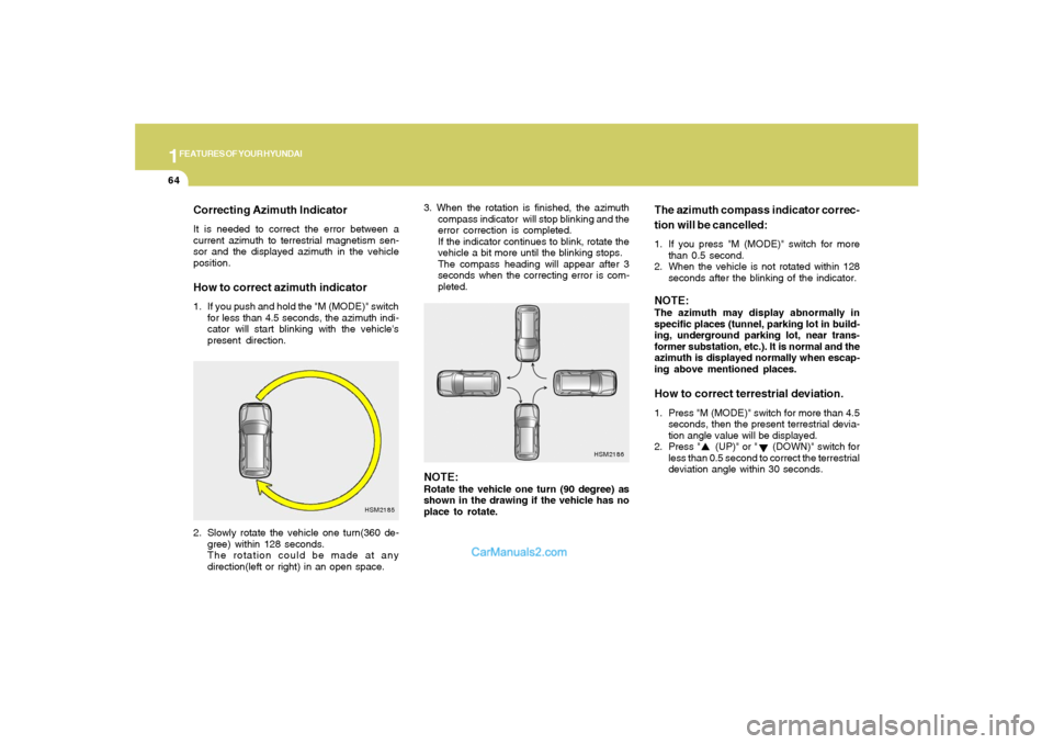 Hyundai Santa Fe 2005 Manual PDF 1FEATURES OF YOUR HYUNDAI64
Correcting Azimuth IndicatorIt is needed to correct the error between a
current azimuth to terrestrial magnetism sen-
sor and the displayed azimuth in the vehicle
position. Hyundai Santa Fe 2005 Manual PDF 1FEATURES OF YOUR HYUNDAI64
Correcting Azimuth IndicatorIt is needed to correct the error between a
current azimuth to terrestrial magnetism sen-
sor and the displayed azimuth in the vehicle
position.