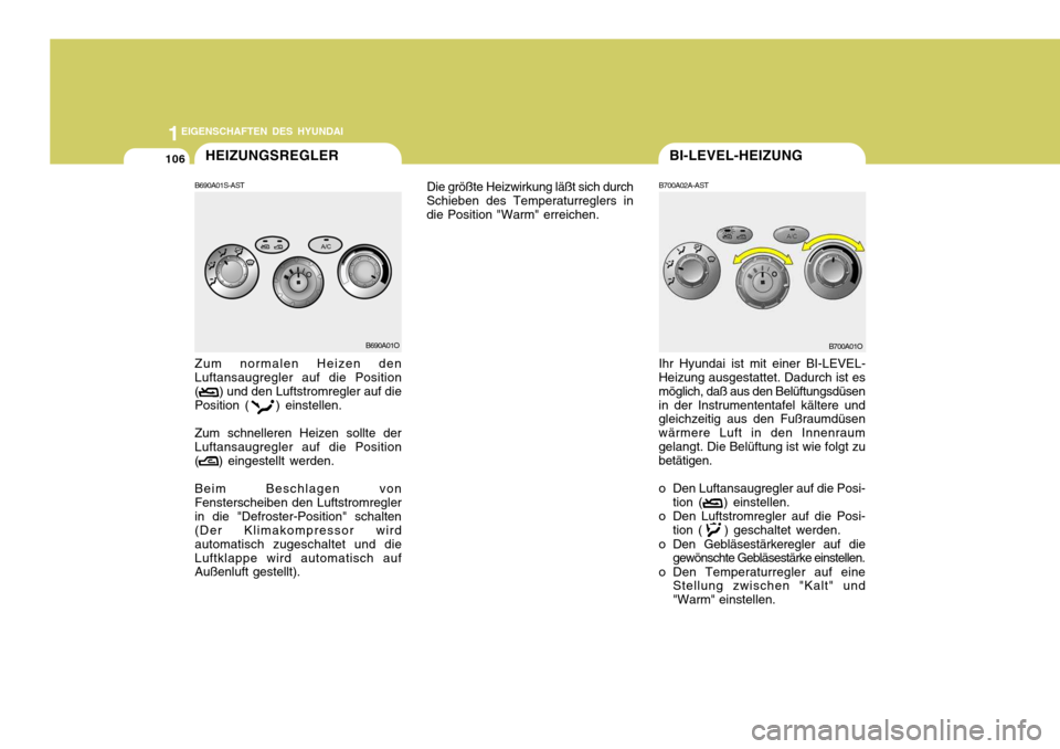 Hyundai Santa Fe 2005 Betriebsanleitung (in German) 1EIGENSCHAFTEN DES HYUNDAI
106BI-LEVEL-HEIZUNGHEIZUNGSREGLER
B690A01S-AST
B700A02A-AST
Zum normalen Heizen den Luftansaugregler auf die Position ( ) und den Luftstromregler auf die Position ( Hyundai Santa Fe 2005 Betriebsanleitung (in German) 1EIGENSCHAFTEN DES HYUNDAI
106BI-LEVEL-HEIZUNGHEIZUNGSREGLER
B690A01S-AST
B700A02A-AST
Zum normalen Heizen den Luftansaugregler auf die Position ( ) und den Luftstromregler auf die Position (