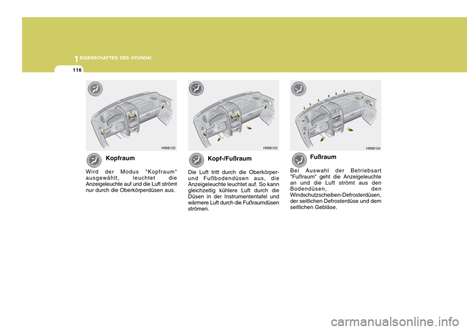Hyundai Santa Fe 2005 Betriebsanleitung (in German) 1EIGENSCHAFTEN DES HYUNDAI
116
HSM2123
Kopf-/Fußraum
Die Luft tritt durch die Oberkörper- und Fußbodendüsen aus, die Anzeigeleuchte leuchtet auf. So kann gleichzeitig kühlere Luft durch dieDüsen Hyundai Santa Fe 2005 Betriebsanleitung (in German) 1EIGENSCHAFTEN DES HYUNDAI
116
HSM2123
Kopf-/Fußraum
Die Luft tritt durch die Oberkörper- und Fußbodendüsen aus, die Anzeigeleuchte leuchtet auf. So kann gleichzeitig kühlere Luft durch dieDüsen
