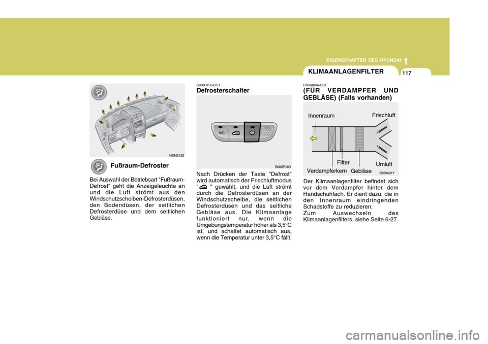 Hyundai Santa Fe 2005 Betriebsanleitung (in German) 1
EIGENSCHAFTEN DES HYUNDAI
117KLIMAANLAGENFILTER
B760A06A-GST (FÜR VERDAMPFER UND
GEBLÄSE) (Falls vorhanden)
Der Klimaanlagenfilter befindet sich
vor dem Verdampfer hinter dem Handschuhfach. Er die Hyundai Santa Fe 2005 Betriebsanleitung (in German) 1
EIGENSCHAFTEN DES HYUNDAI
117KLIMAANLAGENFILTER
B760A06A-GST (FÜR VERDAMPFER UND
GEBLÄSE) (Falls vorhanden)
Der Klimaanlagenfilter befindet sich
vor dem Verdampfer hinter dem Handschuhfach. Er die