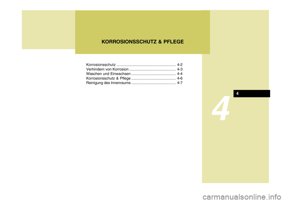 Hyundai Santa Fe 2005  Betriebsanleitung (in German) 4
Korrosionsschutz......................................................... 4-2
Verhindern von Korrosion ............................................. 4-3 
Waschen und Einwachsen .....................