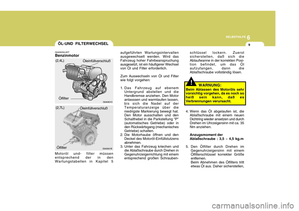 Hyundai Santa Fe 2005 Betriebsanleitung (in German) 6
SELBSTHILFE
9
!
ÖL-UND FILTERWECHSEL
G040A05A-AST Benzinmotor aufgeführten Wartungsintervallen ausgewechselt werden. Wird dasFahrzeug hoher Fahrbeanspruchung ausgesetzt, ist ein häufigerer Wechse Hyundai Santa Fe 2005 Betriebsanleitung (in German) 6
SELBSTHILFE
9
!
ÖL-UND FILTERWECHSEL
G040A05A-AST Benzinmotor aufgeführten Wartungsintervallen ausgewechselt werden. Wird dasFahrzeug hoher Fahrbeanspruchung ausgesetzt, ist ein häufigerer Wechse