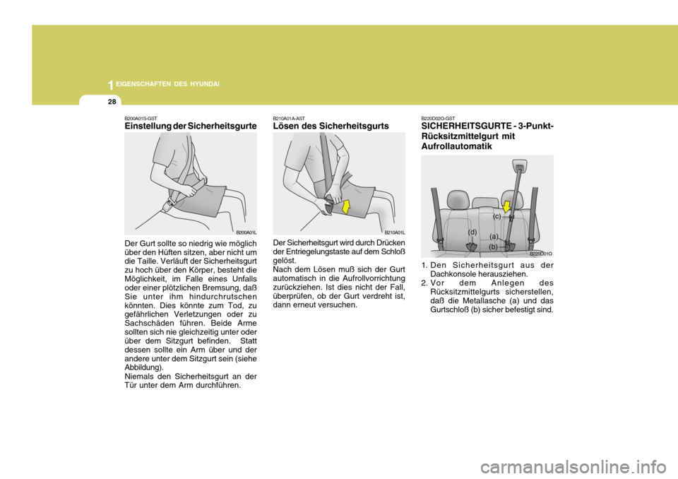 Hyundai Santa Fe 2005  Betriebsanleitung (in German) 1EIGENSCHAFTEN DES HYUNDAI
28
B220D02O-GST SICHERHEITSGURTE - 3-Punkt- Rücksitzmittelgurt mitAufrollautomatik
1. Den Sicherheitsgurt aus der Dachkonsole herausziehen.
2. Vor dem Anlegen des Rücksitz
