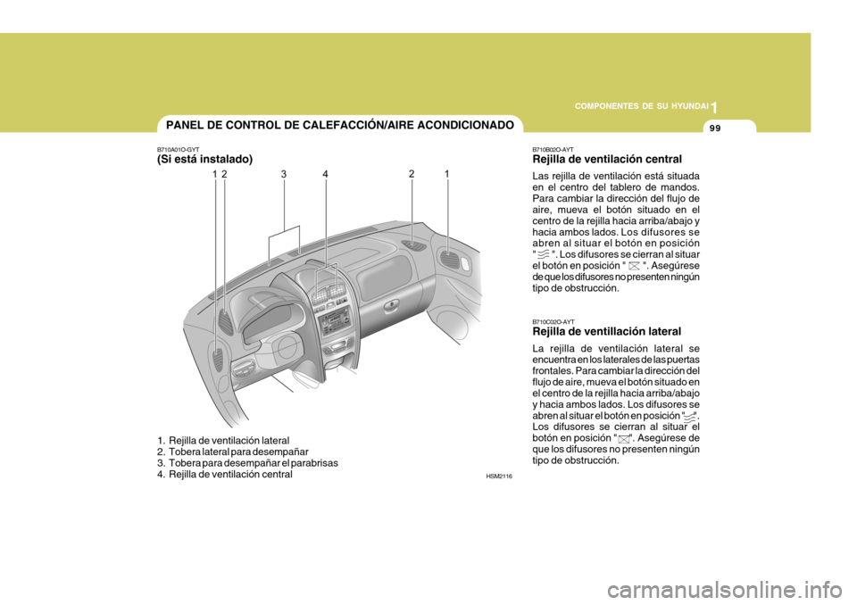 Hyundai Santa Fe 2005 Manual del propietario (in Spanish) 1
COMPONENTES DE SU HYUNDAI
99PANEL DE CONTROL DE CALEFACCIÓN/AIRE ACONDICIONADO
B710A01O-GYT (Si está instalado)
HSM2116
B710B02O-AYT Rejilla de ventilación central Las rejilla de ventilación est Hyundai Santa Fe 2005 Manual del propietario (in Spanish) 1
COMPONENTES DE SU HYUNDAI
99PANEL DE CONTROL DE CALEFACCIÓN/AIRE ACONDICIONADO
B710A01O-GYT (Si está instalado)
HSM2116
B710B02O-AYT Rejilla de ventilación central Las rejilla de ventilación est