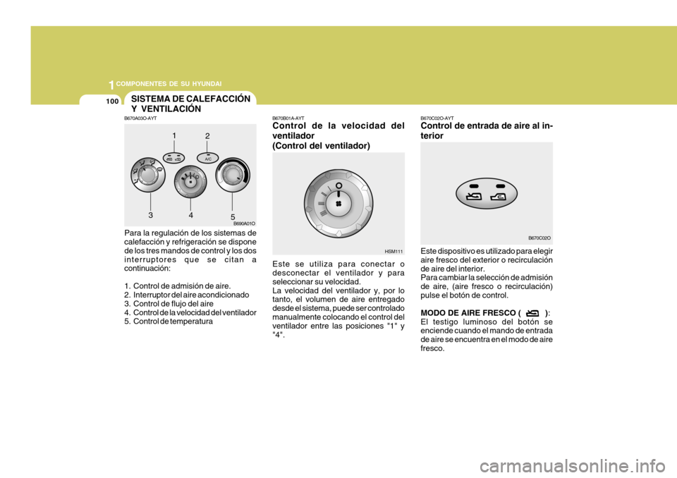 Hyundai Santa Fe 2005 Manual del propietario (in Spanish) 1COMPONENTES DE SU HYUNDAI
100
B670A03O-AYT Para la regulación de los sistemas de calefacción y refrigeración se dispone de los tres mandos de control y los dosinterruptores que se citan a continua Hyundai Santa Fe 2005 Manual del propietario (in Spanish) 1COMPONENTES DE SU HYUNDAI
100
B670A03O-AYT Para la regulación de los sistemas de calefacción y refrigeración se dispone de los tres mandos de control y los dosinterruptores que se citan a continua