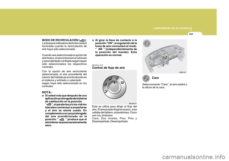 Hyundai Santa Fe 2005 Manual del propietario (in Spanish) 1
COMPONENTES DE SU HYUNDAI
101
MODO DE RECIRCULACIÓN ( ) :
La lámpara indicadora del botón estará iluminada cuando la recirculación de aire haya sido seleccionada. Cuando sea seleccionad Hyundai Santa Fe 2005 Manual del propietario (in Spanish) 1
COMPONENTES DE SU HYUNDAI
101
MODO DE RECIRCULACIÓN ( ) :
La lámpara indicadora del botón estará iluminada cuando la recirculación de aire haya sido seleccionada. Cuando sea seleccionad