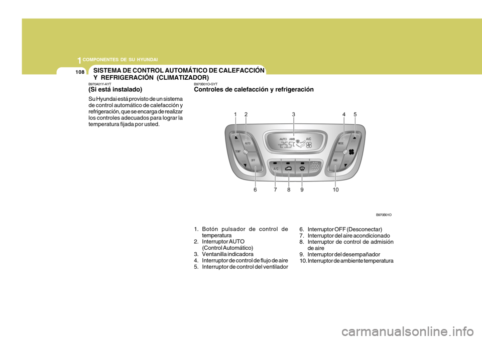 Hyundai Santa Fe 2005 Manual del propietario (in Spanish) 1COMPONENTES DE SU HYUNDAI
108SISTEMA DE CONTROL AUTOMÁTICO DE CALEFACCIÓN Y REFRIGERACIÓN (CLIMATIZADOR)
B970A01Y-AYT (Si está instalado) Su Hyundai está provisto de un sistema de control autom Hyundai Santa Fe 2005 Manual del propietario (in Spanish) 1COMPONENTES DE SU HYUNDAI
108SISTEMA DE CONTROL AUTOMÁTICO DE CALEFACCIÓN Y REFRIGERACIÓN (CLIMATIZADOR)
B970A01Y-AYT (Si está instalado) Su Hyundai está provisto de un sistema de control autom