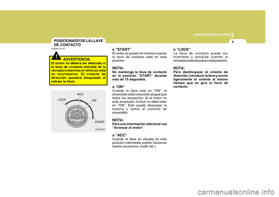 Hyundai Santa Fe 2005  Manual del propietario (in Spanish) 2
 CONDUCIENDO SU HYUNDAI
5
!
POSICIONADO DE LA LLAVE DE CONTACTO
C040A01A-AYT
C040A01E
LOCK
ACC
ON
START
ADVERTENCIA:
El motor no deberá ser detenido ni la llave de contacto extraída de la cerradur