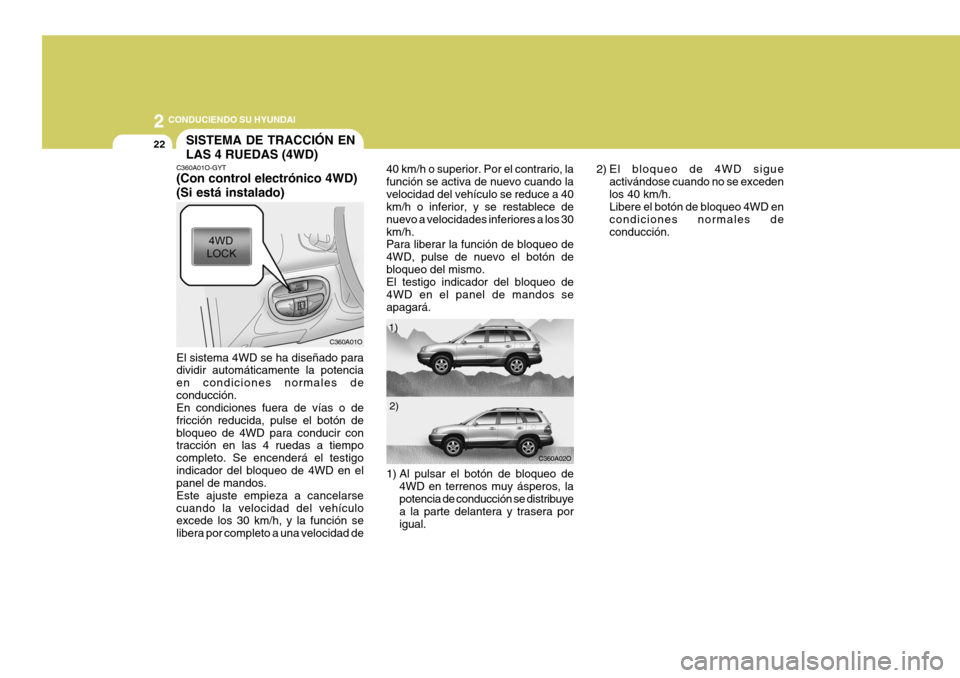Hyundai Santa Fe 2005  Manual del propietario (in Spanish) 2
22
 CONDUCIENDO SU HYUNDAI
2) El bloqueo de 4WD sigueactivándose cuando no se exceden los 40 km/h. Libere el botón de bloqueo 4WD en condiciones normales deconducción.
SISTEMA DE TRACCIÓN EN LAS