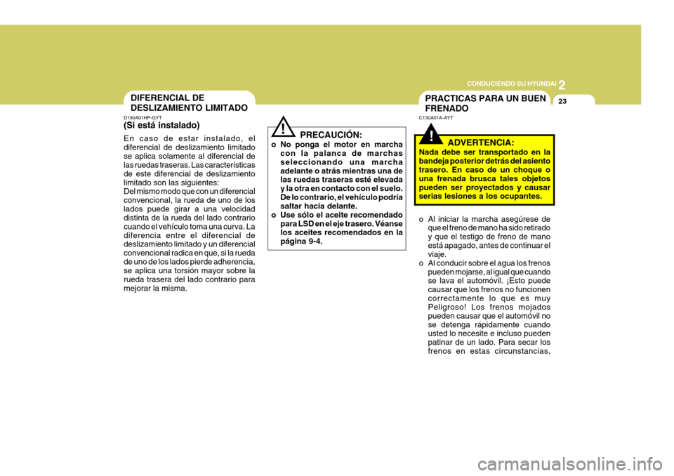 Hyundai Santa Fe 2005  Manual del propietario (in Spanish) 2
 CONDUCIENDO SU HYUNDAI
23
!
DIFERENCIAL DE DESLIZAMIENTO LIMITADO
D190A01HP-GYT (Si está instalado) En caso de estar instalado, el diferencial de deslizamiento limitadose aplica solamente al difer