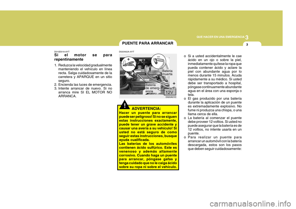 Hyundai Santa Fe 2005  Manual del propietario (in Spanish) 3
QUE HACER EN UNA EMERGENCIA
3
!
PUENTE PARA ARRANCAR
D020A02A-AYT
ADVERTENCIA:
Hacer un puente para arrancar puede ser peligroso! Si no se siguenestas instrucciones exactamente, puede tener un grave