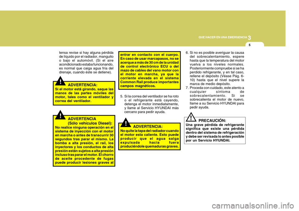 Hyundai Santa Fe 2005  Manual del propietario (in Spanish) 3
QUE HACER EN UNA EMERGENCIA
5
!
!
!
tensa revise si hay alguna pérdida de líquido por el radiador, manguitoo bajo el automóvil. (Si el aire acondicionado estaba funcionando, es normal que caiga a