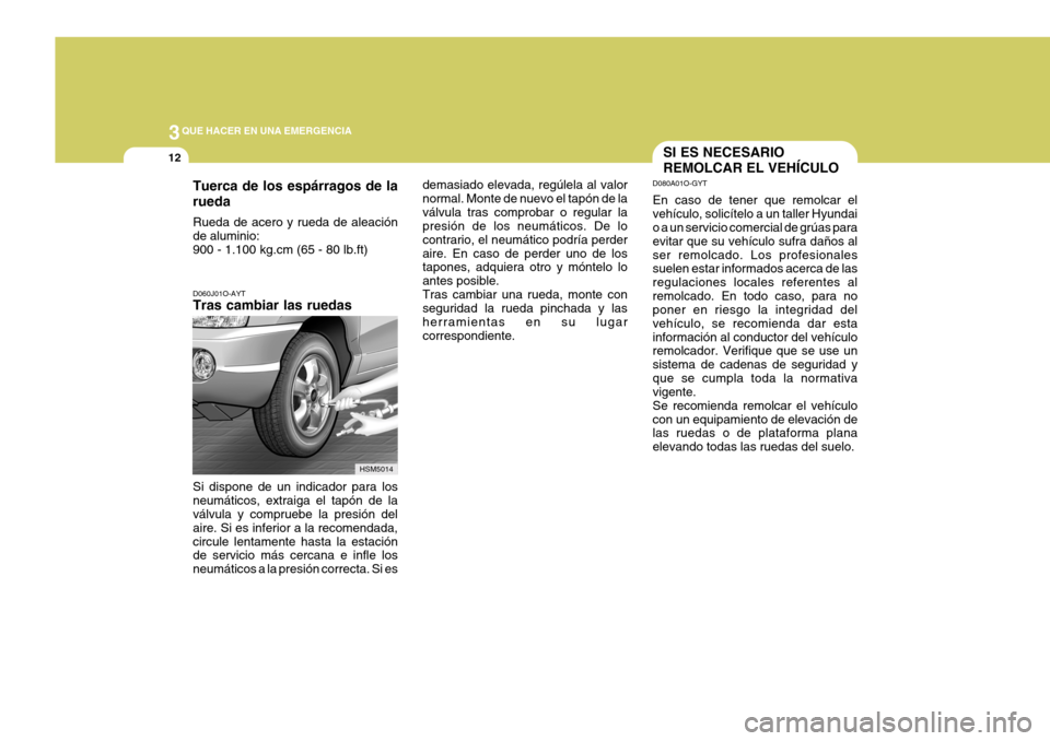 Hyundai Santa Fe 2005  Manual del propietario (in Spanish) 3QUE HACER EN UNA EMERGENCIA
12
D060J01O-AYT Tras cambiar las ruedas demasiado elevada, regúlela al valor normal. Monte de nuevo el tapón de laválvula tras comprobar o regular la presión de los ne