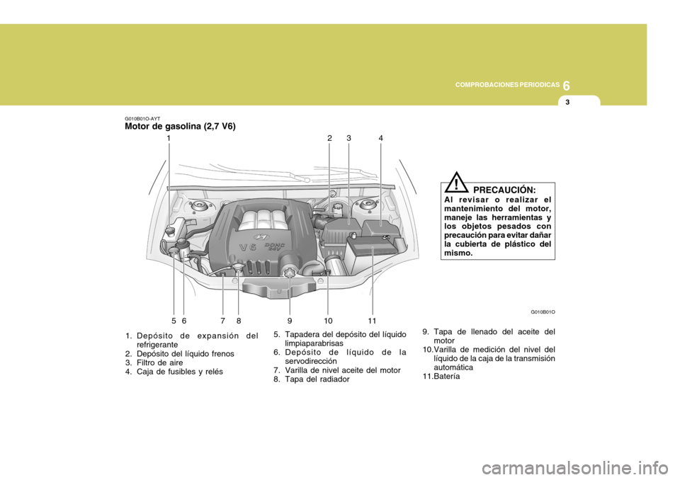 Hyundai Santa Fe 2005  Manual del propietario (in Spanish) 6
COMPROBACIONES PERIODICAS
3
G010B01O-AYT
Motor de gasolina (2,7 V6)
1. Depósito de expansión del refrigerante
2. Depósito del líquido frenos 
3. Filtro de aire 
4. Caja de fusibles y relés 5. T