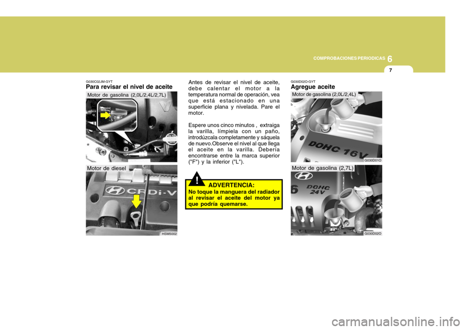 Hyundai Santa Fe 2005  Manual del propietario (in Spanish) 6
COMPROBACIONES PERIODICAS
7
!
G030C02JM-GYT
Para revisar el nivel de aceite Antes de revisar el nivel de aceite,
debe calentar el motor a la temperatura normal de operación, vea que está estaciona