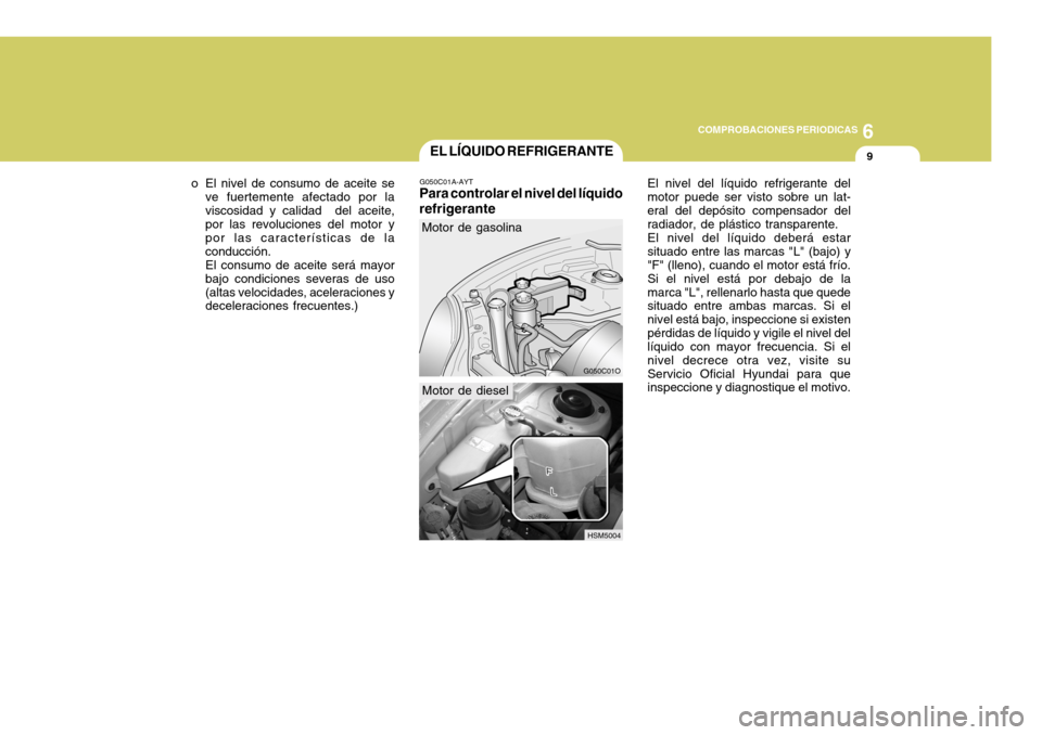Hyundai Santa Fe 2005  Manual del propietario (in Spanish) 6
COMPROBACIONES PERIODICAS
9
o El nivel de consumo de aceite se
ve fuertemente afectado por la viscosidad y calidad  del aceite, por las revoluciones del motor y por las características de laconducc