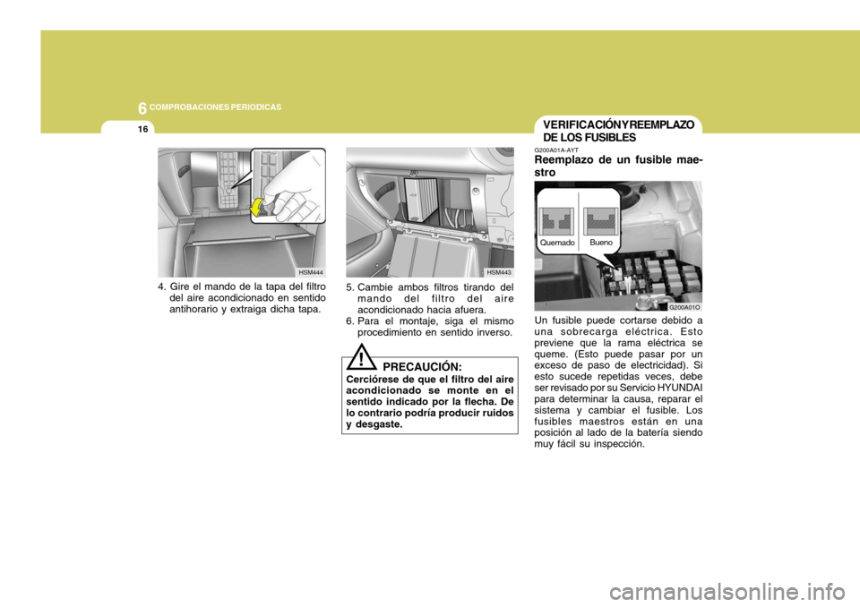 Hyundai Santa Fe 2005  Manual del propietario (in Spanish) 6COMPROBACIONES PERIODICAS
16VERIFICACIÓN Y REEMPLAZO DE LOS FUSIBLES
G200A01A-AYT
Reemplazo de un fusible mae-stro
Un fusible puede cortarse debido a
una sobrecarga eléctrica. Esto previene que la 