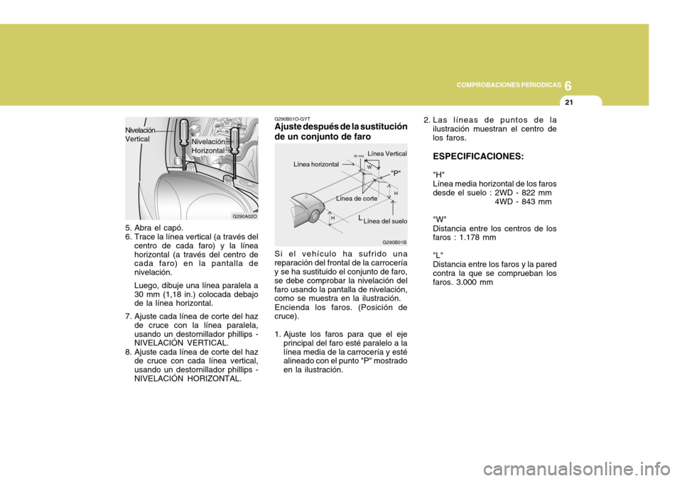 Hyundai Santa Fe 2005  Manual del propietario (in Spanish) 6
COMPROBACIONES PERIODICAS
21
G290B01O-GYT Ajuste después de la sustitución de un conjunto de faro
G290B01B
LW
H
H Línea de corte
Línea del suelo
"P"
Línea horizontal
Línea Vertical30 mm
Si el 