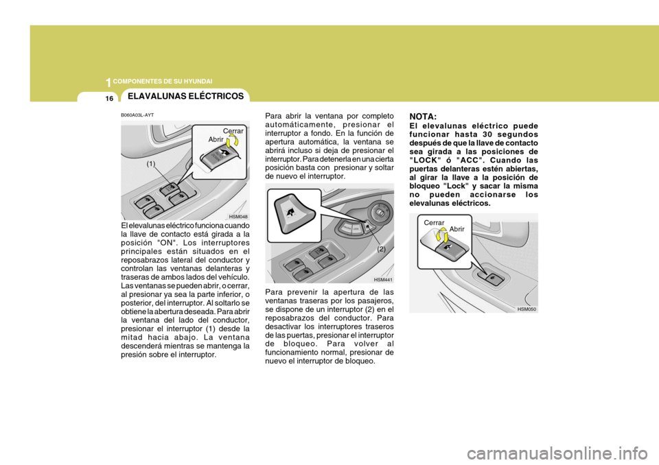 Hyundai Santa Fe 2005  Manual del propietario (in Spanish) 1COMPONENTES DE SU HYUNDAI
16
HSM050
NOTA: El elevalunas eléctrico puede funcionar hasta 30 segundos después de que la llave de contactosea girada a las posiciones de "LOCK" ó "ACC". Cuando las pue