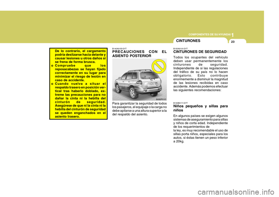 Hyundai Santa Fe 2005 Manual del propietario (in Spanish) 1
COMPONENTES DE SU HYUNDAI
23
De lo contrario, el cargamento podría deslizarse hacia delante ycausar lesiones u otros daños si se frena de forma brusca.
o Compruebe que los
reposacabezas se hayan f Hyundai Santa Fe 2005 Manual del propietario (in Spanish) 1
COMPONENTES DE SU HYUNDAI
23
De lo contrario, el cargamento podría deslizarse hacia delante ycausar lesiones u otros daños si se frena de forma brusca.
o Compruebe que los
reposacabezas se hayan f