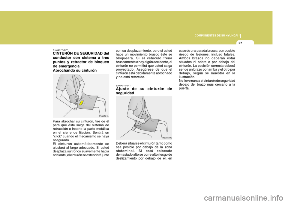 Hyundai Santa Fe 2005  Manual del propietario (in Spanish) 1
COMPONENTES DE SU HYUNDAI
27
B200A01S-GYT Ajuste de su cinturón de seguridad caso de una parada brusca, con posible riesgo de lesiones, incluso fatales.Ambos brazos no deberán estar situados ni so