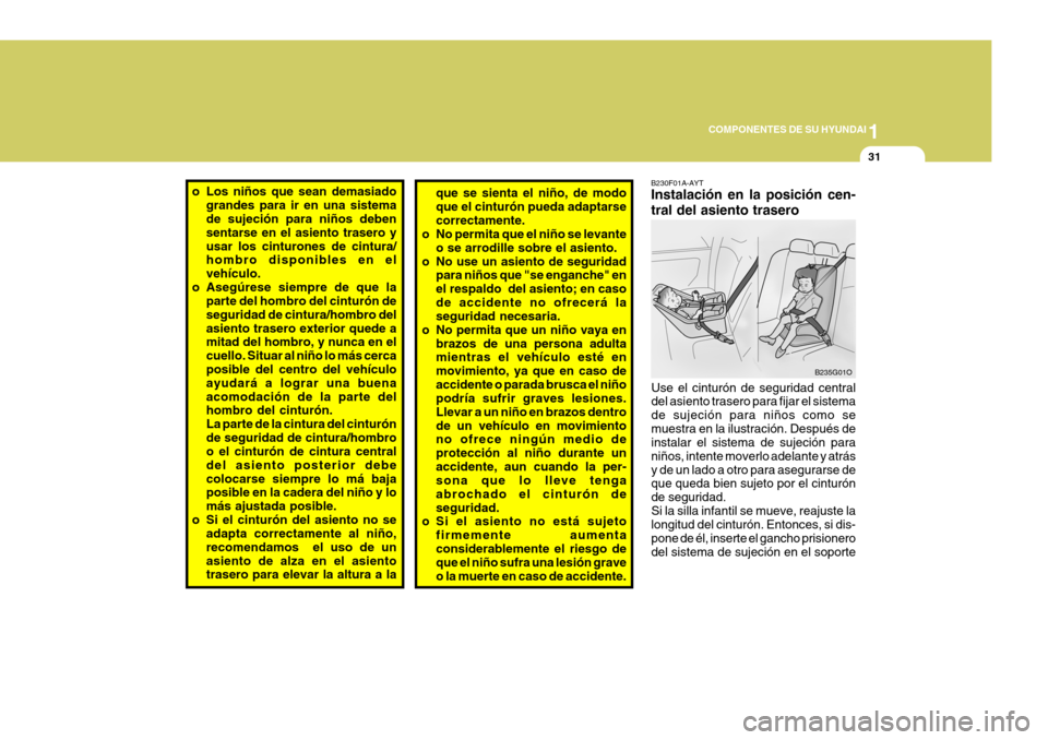 Hyundai Santa Fe 2005 Manual del propietario (in Spanish) 1
COMPONENTES DE SU HYUNDAI
31
o Los niños que sean demasiado
grandes para ir en una sistema de sujeción para niños deben sentarse en el asiento trasero yusar los cinturones de cintura/ hombro disp Hyundai Santa Fe 2005 Manual del propietario (in Spanish) 1
COMPONENTES DE SU HYUNDAI
31
o Los niños que sean demasiado
grandes para ir en una sistema de sujeción para niños deben sentarse en el asiento trasero yusar los cinturones de cintura/ hombro disp