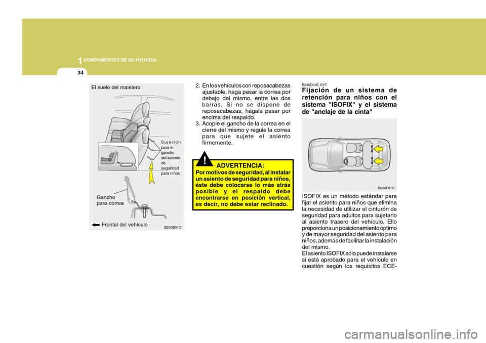 Hyundai Santa Fe 2005  Manual del propietario (in Spanish) 1COMPONENTES DE SU HYUNDAI
34
!
El suelo del maletero
B230B01O
Frontal del vehículo Sujeción para elganchodel asientodeseguridadpara niños
Gancho para correa2. En los vehículos con reposacabezas a