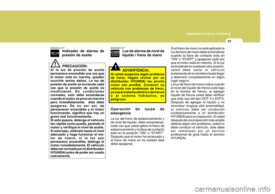 Hyundai Santa Fe 2005 Manual del propietario (in Spanish) 1
COMPONENTES DE SU HYUNDAI
53
!
B260G01A-AYT
Indicador de alarma de
presión de aceite
PRECAUCIÓN:
Si la luz de presión de aceite permanece encendida una vez queel motor está en marcha, pueden ocu Hyundai Santa Fe 2005 Manual del propietario (in Spanish) 1
COMPONENTES DE SU HYUNDAI
53
!
B260G01A-AYT
Indicador de alarma de
presión de aceite
PRECAUCIÓN:
Si la luz de presión de aceite permanece encendida una vez queel motor está en marcha, pueden ocu