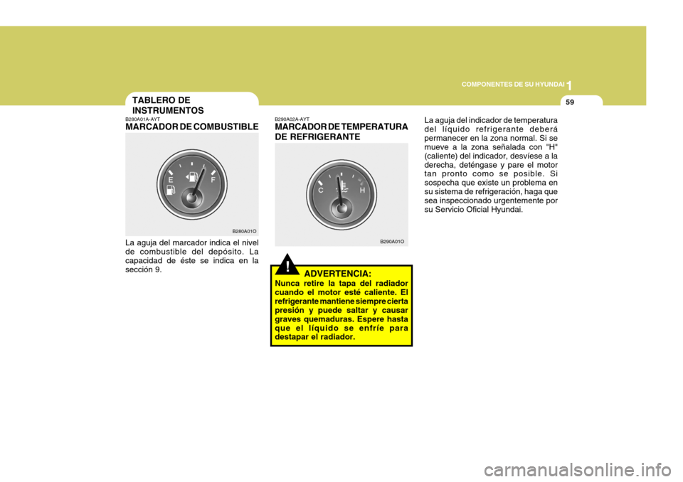 Hyundai Santa Fe 2005 Manual del propietario (in Spanish) 1
COMPONENTES DE SU HYUNDAI
59
!
B280A01A-AYT MARCADOR DE COMBUSTIBLE
La aguja del marcador indica el nivel de combustible del depósito. La capacidad de éste se indica en lasección 9. TABLERO DE IN Hyundai Santa Fe 2005 Manual del propietario (in Spanish) 1
COMPONENTES DE SU HYUNDAI
59
!
B280A01A-AYT MARCADOR DE COMBUSTIBLE
La aguja del marcador indica el nivel de combustible del depósito. La capacidad de éste se indica en lasección 9. TABLERO DE IN