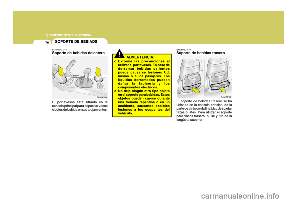 Hyundai Santa Fe 2005 Manual del propietario (in Spanish) 1COMPONENTES DE SU HYUNDAI
76
!ADVERTENCIA:
o Extreme las precauciones al utilizar el portavasos. En caso de derramar bebidas calientes puede causarse lesiones Ud.mismo o a los pasajeros. Los líquido Hyundai Santa Fe 2005 Manual del propietario (in Spanish) 1COMPONENTES DE SU HYUNDAI
76
!ADVERTENCIA:
o Extreme las precauciones al utilizar el portavasos. En caso de derramar bebidas calientes puede causarse lesiones Ud.mismo o a los pasajeros. Los líquido