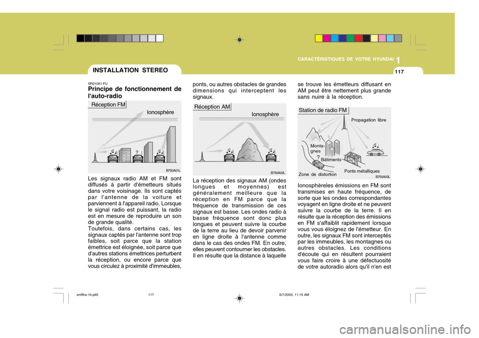 Hyundai Santa Fe 2005  Manuel du propriétaire (in French) 1
CARACTÉRISTIQUES DE VOTRE HYUNDAI
117INSTALLATION STEREO
B750A02L Monta- gnes
Bâtiments
Ponts métalliquesPropagation libreB750A03L
B750A01L
Zone de distortion
La réception des signaux AM (ondes 